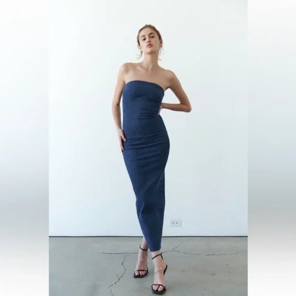 Zara Dresses & Skirts - Zara Fitted Denim Dress - Indigo Stretch Denim Strapless Dress - Size: M - NWT
